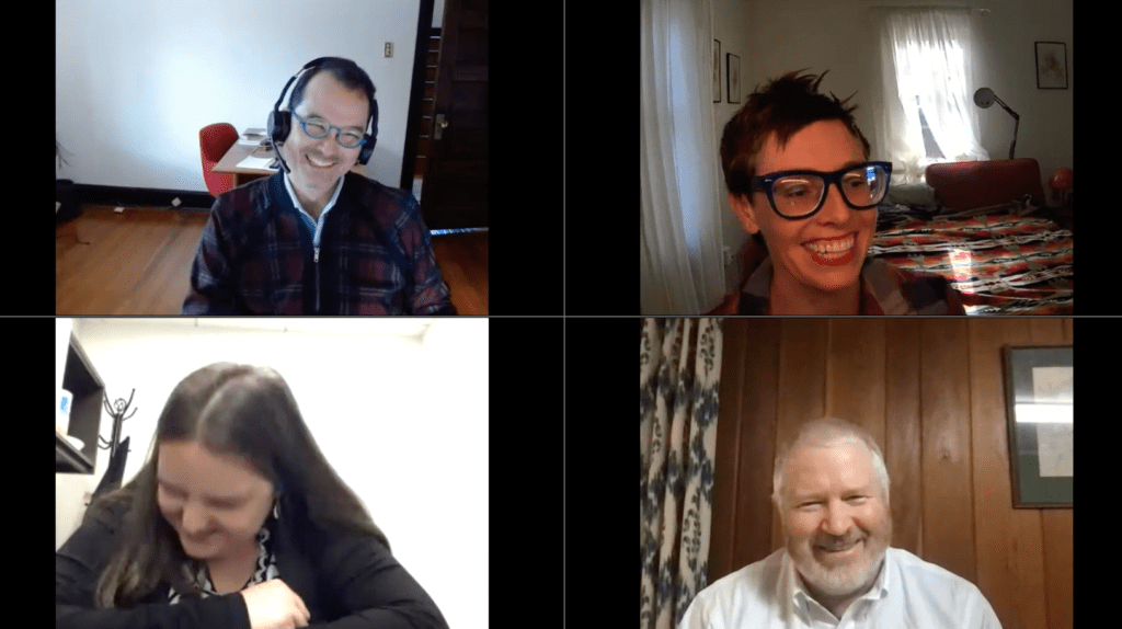 A screenshot of our webinar; on the left, Paulo (top) and Claire (bottom). On the right, Anna (top) and AW ED Mike McGinn (bottom). Everyone is laughing.