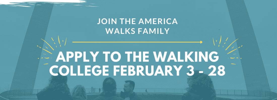 banner announcing the 2025 america walks walking college with several people standing under the st. louis arch