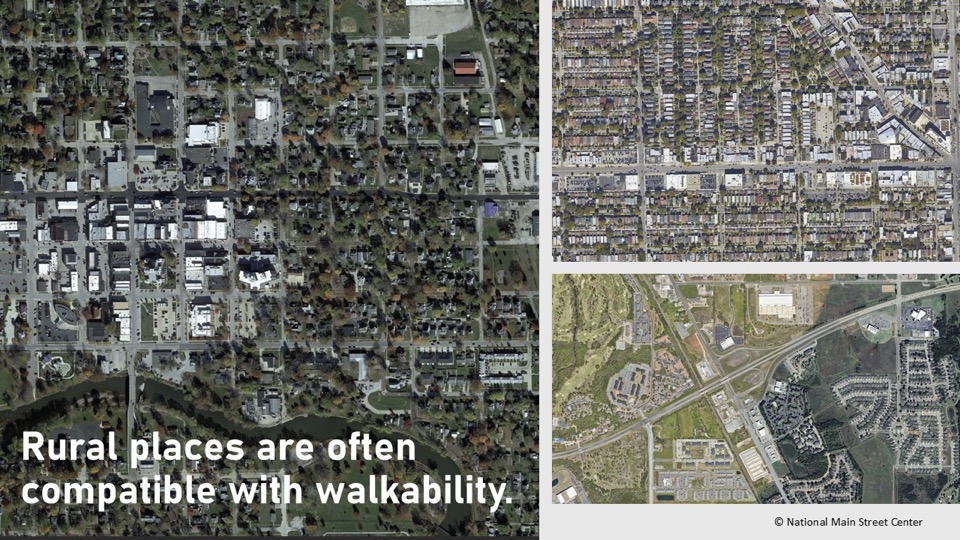 Slide from a presentation showing aerial views of urban, suburban, and rural land use to demonstrate how rural places are often compatible with walkability.