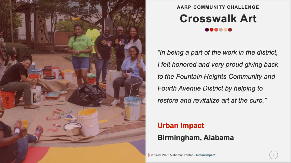 A slide from the Funding for Walkability presentation on a crosswalk art project in Birmingham, Alabama, as part of the AARP Community Challenge