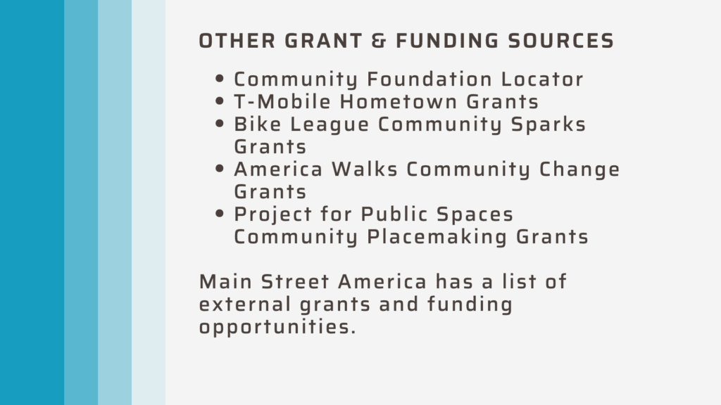 A slide from the Funding for Walkability presentation containing other grant and funding resources