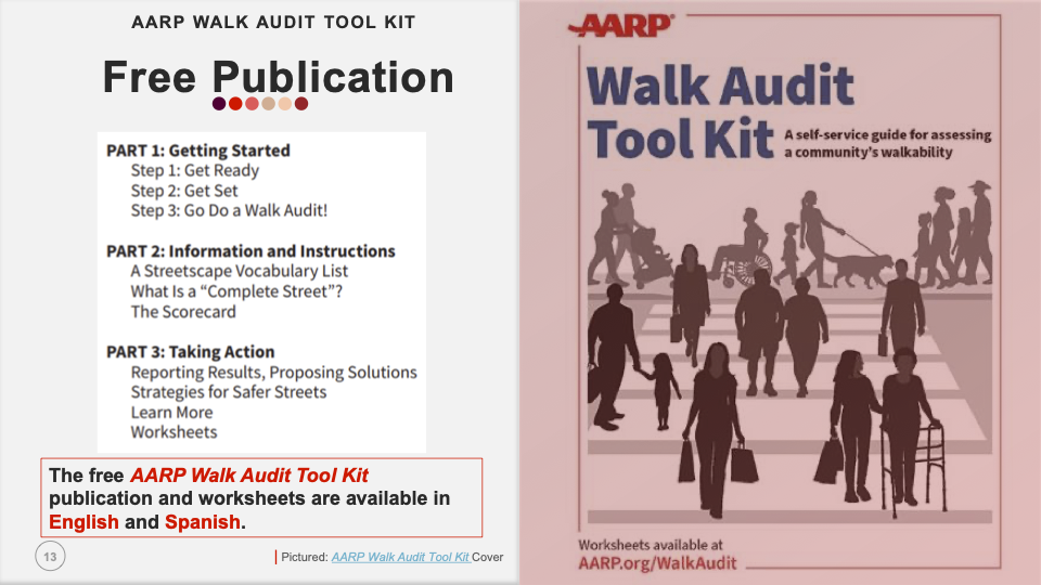 A slide from the AARP presentation during Funding for Walkability featuring AARP's Walk Audit Tool Kit information
