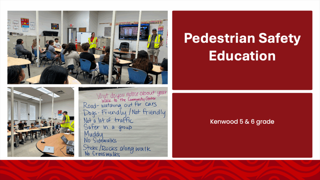 A slide reading "pedestrian safety education" and featuring photos from a classroom education seminar on pedestrian and road safety