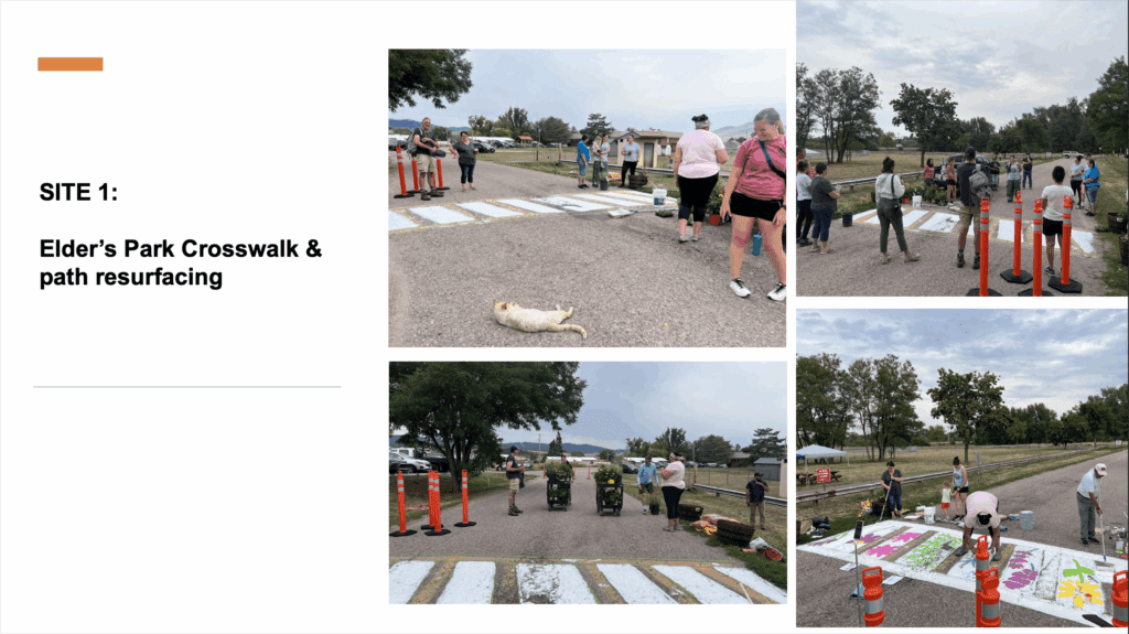 A slide reading site 1, elder's park crosswalk and path resurfacing and featuring four photos of volunteers painting a crosswalk with culturally significant flowers
