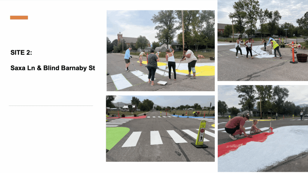 A slide reading site 2 saxa lane and blind barnaby street and featuring four photos of volunteers painting a four-way crosswalk
