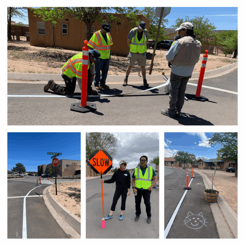 Four images depicting volunteers and community members participating in a quick-build project in the Pueblo of Jemez, including striping a sidewalk on the side of the road and decorating it with sidewalk chalk