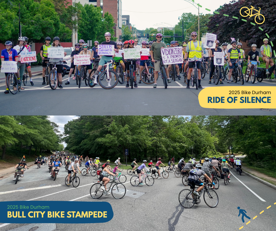 a split image of Bike Durham's 2025 Ride of Silence and 2025 Bull City Bike Stampede