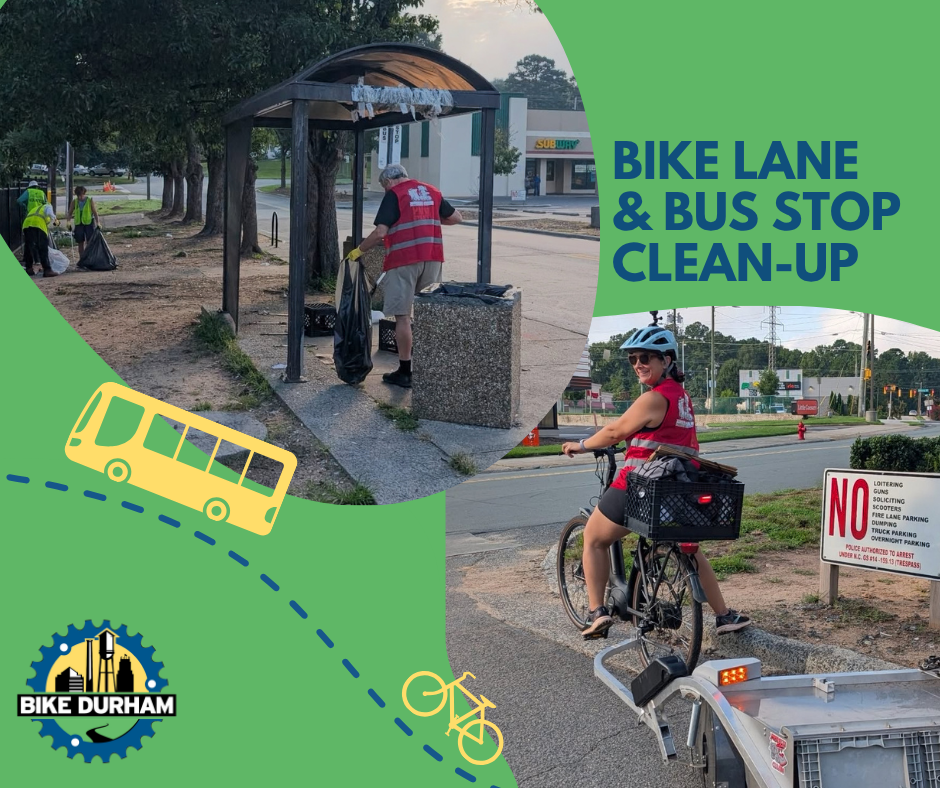 A picture that says Bike Lane & Bus Stop Clean-up showing one person collecting garbage and another person carrying a trailer behind them