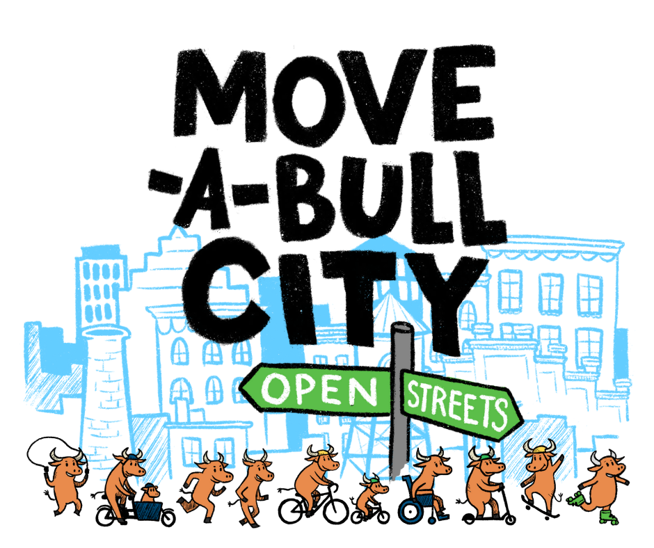 An illustration that says Move-A-BullCity Open Streets that show bulls riding bikes, walking, biking, running, on a wheelchair, on scooter, skateboarding and more