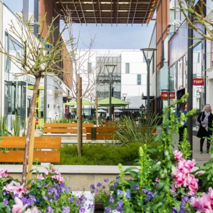 a view of an outdoor shopping mall