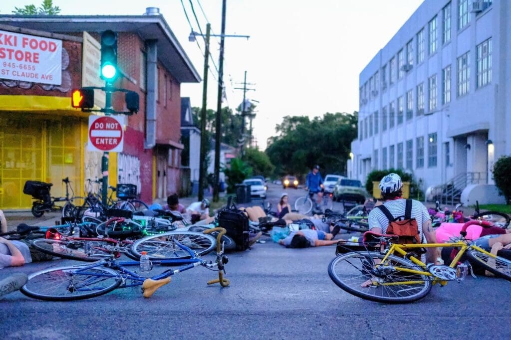 bikes and people on the ground