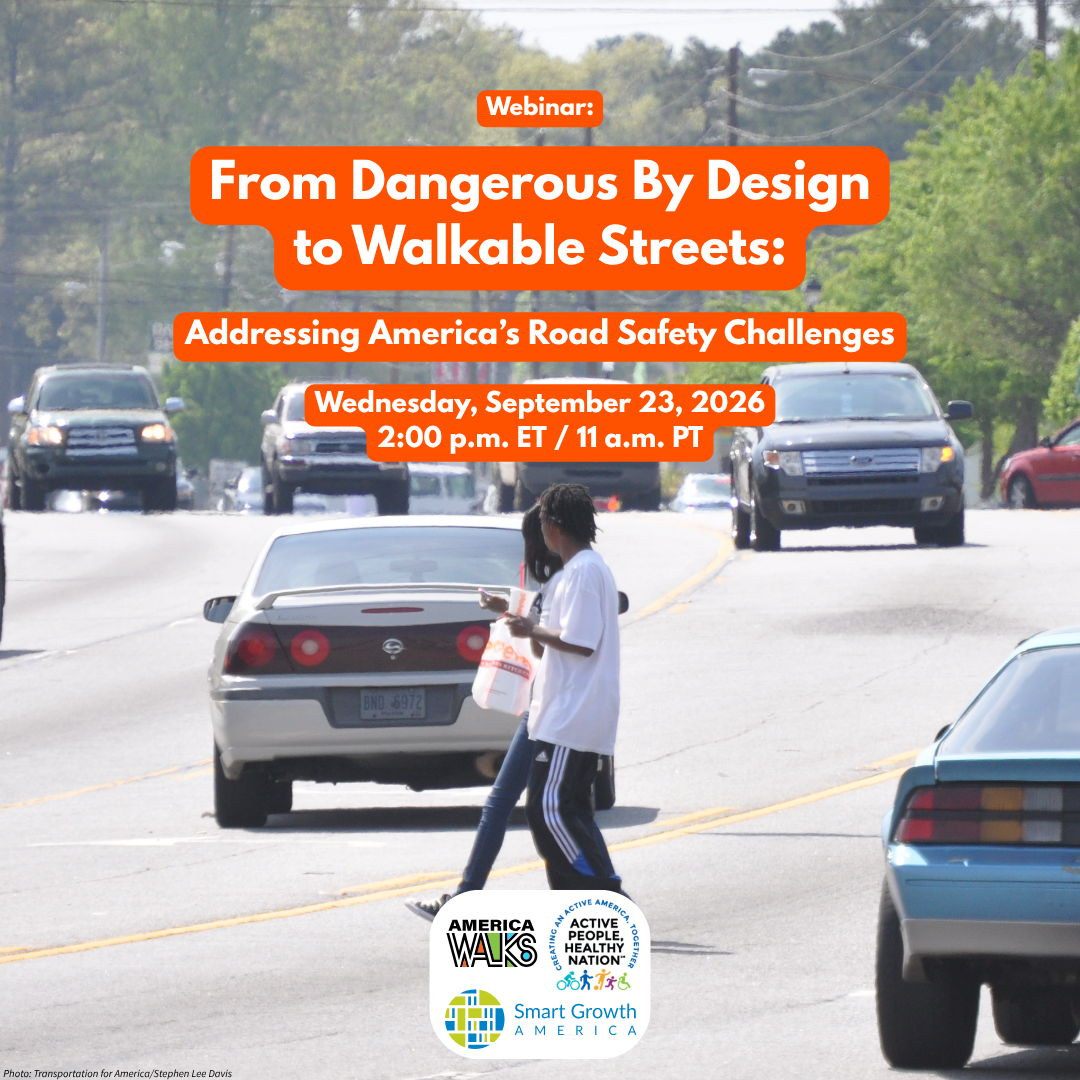 two youths try to cross a dangerous intersection full of cars under text overlay for an upcoming webinar on america's road safety challenges hosted by america walks