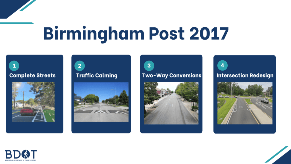 A slide outlining the Birmingham Department of Transportation's complete street focus