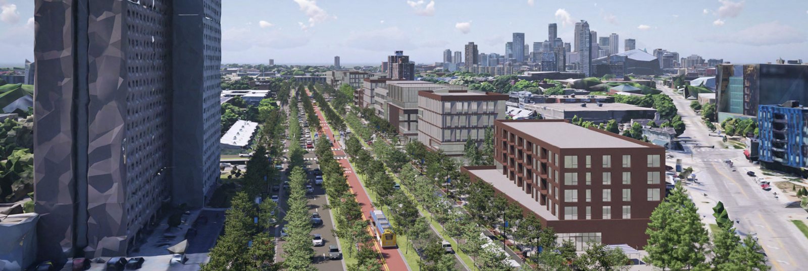 Rendering of the I-94 corridor in the Twin Cities reimagined as a tree-lined boulevard with bike lanes, transit, and new buildings