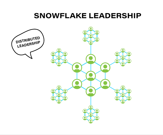 Snowflake leadership diagram: a core team of leaders at the center, each connected to their own cluster of leaders, distributing leadership outward